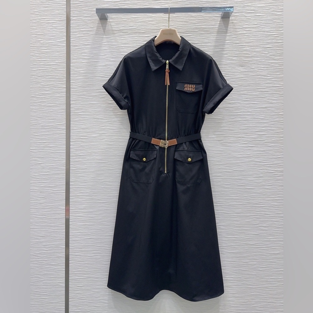 Miu Miu Black Midi Dress with Brown Belt